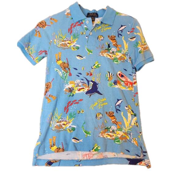 Polo Ralph Lauren Boy’s Tropical Beach Cotton Mesh Print Shirt Blue M 10-12 NWT
